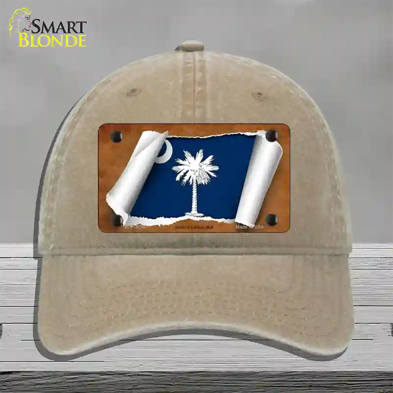 South Carolina Flag Scroll Novelty License Plate Hat Unconstructed Cotton / Khaki