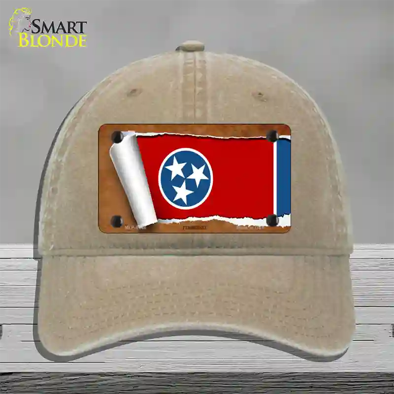 Tennessee Flag Scroll Novelty License Plate Hat Unconstructed Cotton / Khaki