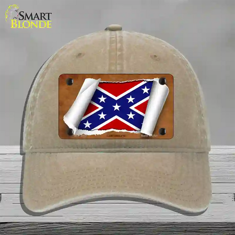 Confederate Flag Scroll Novelty License Plate Hat Unconstructed Cotton / Khaki