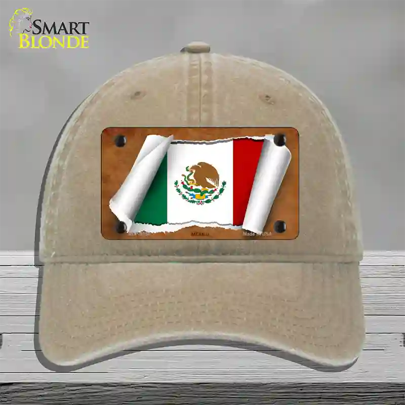 Mexico Flag Scroll Novelty License Plate Hat Unconstructed Cotton / Khaki