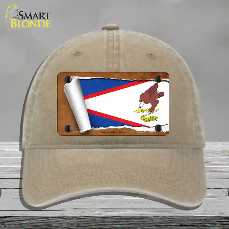 American Samoa Flag Scroll Novelty License Plate Hat Unconstructed Cotton / Khaki