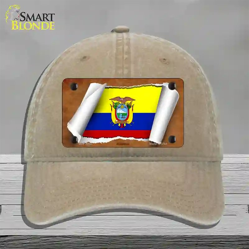 Ecuador Flag Scroll Novelty License Plate Hat Unconstructed Cotton / Khaki