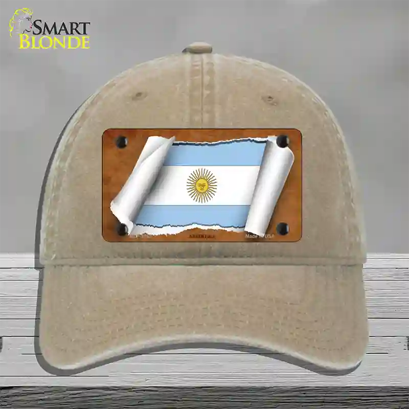 Argentina Flag Scroll Novelty License Plate Hat Unconstructed Cotton / Khaki