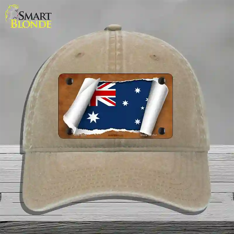 Australia Flag Scroll Novelty License Plate Hat Unconstructed Cotton / Khaki