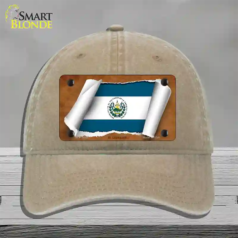 El Salvador Flag Scroll Novelty License Plate Hat Unconstructed Cotton / Khaki