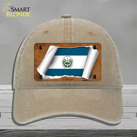 El Salvador Flag Scroll Novelty License Plate Hat Unconstructed Cotton / Khaki