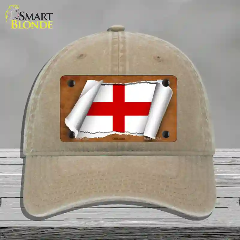 England Flag Scroll Novelty License Plate Hat Unconstructed Cotton / Khaki