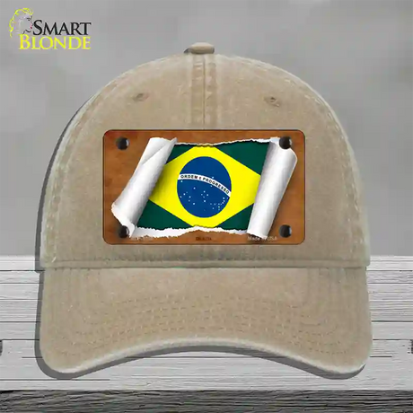 Brazil Flag Scroll Novelty License Plate Hat Unconstructed Cotton / Khaki