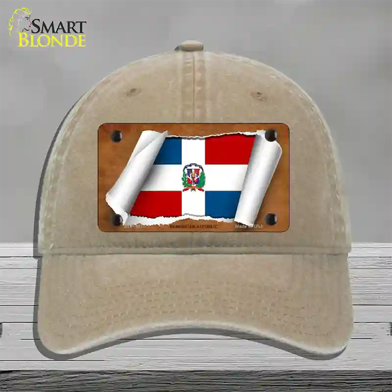 Dominican Republic Flag Scroll Novelty License Plate Hat Unconstructed Cotton / Khaki