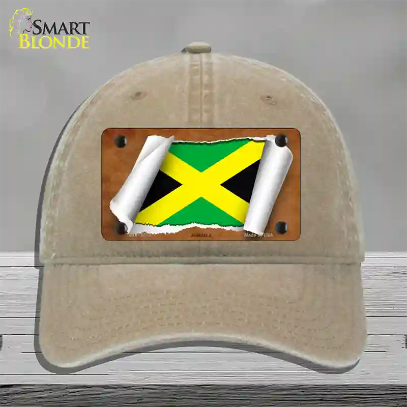 Jamaica Flag Scroll Novelty License Plate Hat Unconstructed Cotton / Khaki