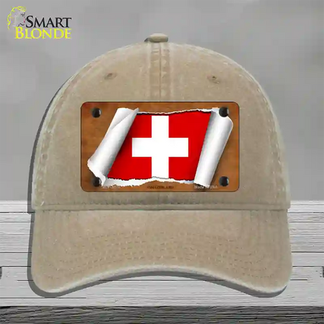 Switzerland Flag Scroll Novelty License Plate Hat Unconstructed Cotton / Khaki