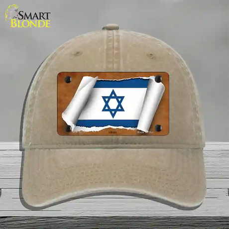 Israel Flag Scroll Novelty License Plate Hat Unconstructed Cotton / Khaki