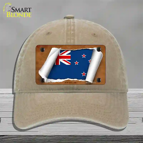 New Zealand Flag Scroll Novelty License Plate Hat Unconstructed Cotton / Khaki