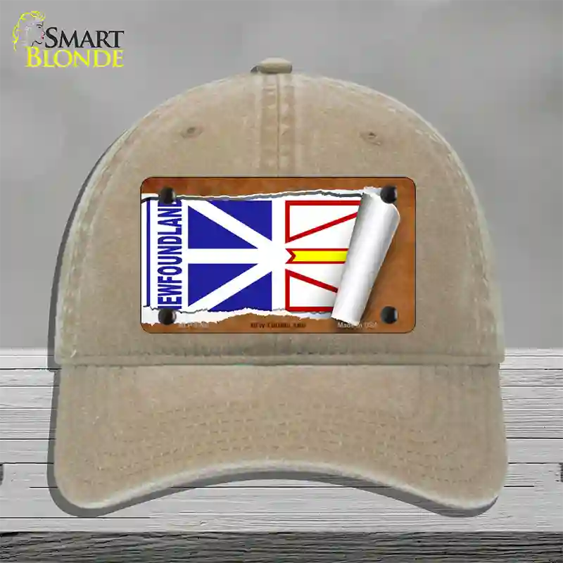 Newfoundland Flag Scroll Novelty License Plate Hat Unconstructed Cotton / Khaki