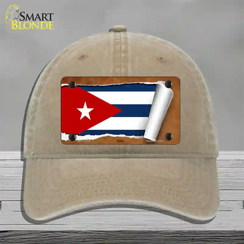 Cuba Flag Scroll Novelty License Plate Hat Unconstructed Cotton / Khaki