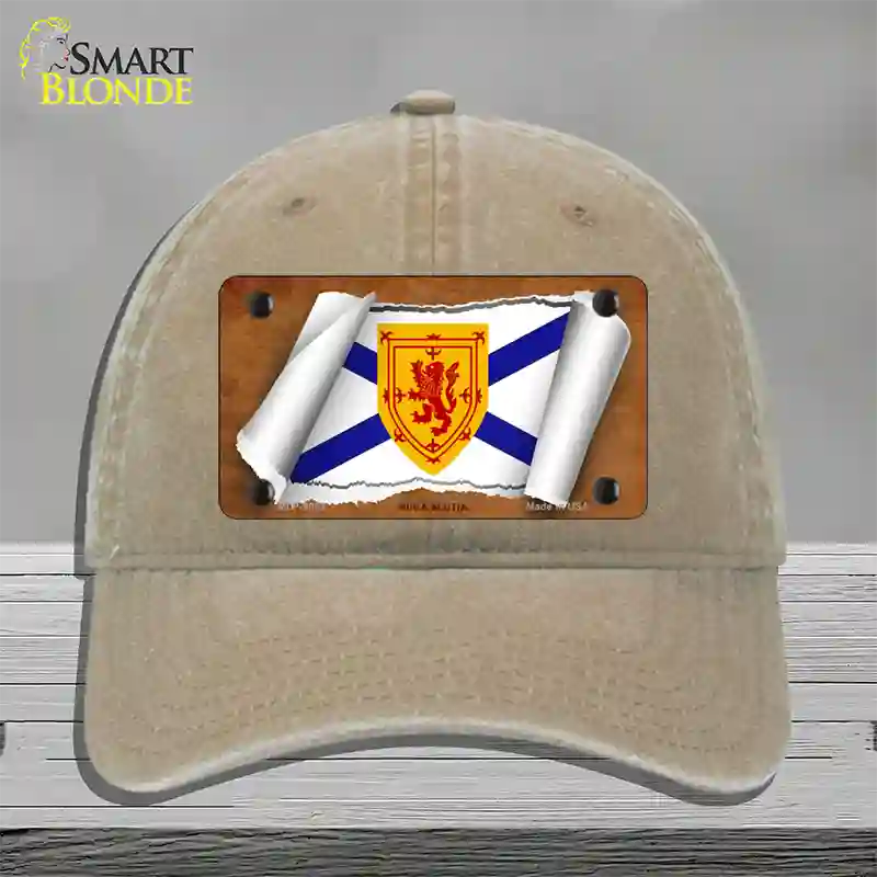 Nova Scotia Flag Scroll Novelty License Plate Hat Unconstructed Cotton / Khaki