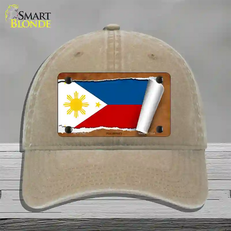 Philippines Flag Scroll Novelty License Plate Hat Unconstructed Cotton / Khaki