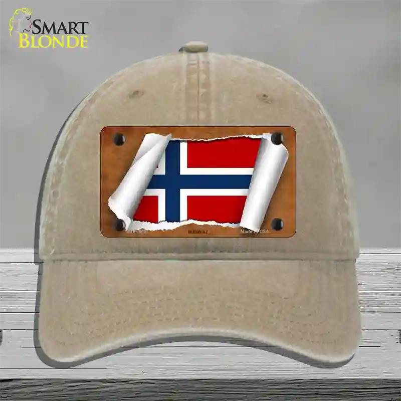 Norway Flag Scroll Novelty License Plate Hat Unconstructed Cotton / Khaki