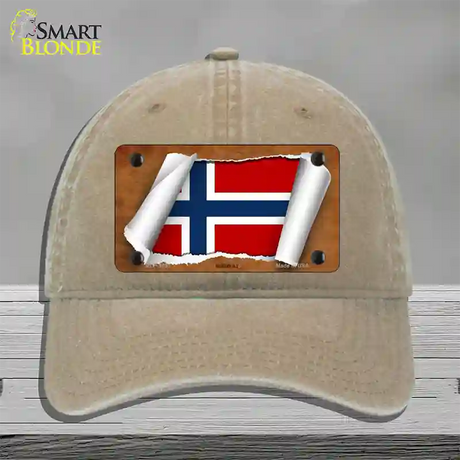 Norway Flag Scroll Novelty License Plate Hat Unconstructed Cotton / Khaki