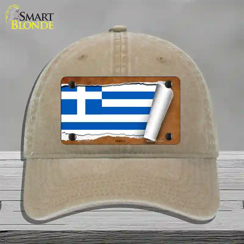 Greece Flag Scroll Novelty License Plate Hat Unconstructed Cotton / Khaki