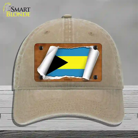 Bahamas Flag Scroll Novelty License Plate Hat Unconstructed Cotton / Khaki