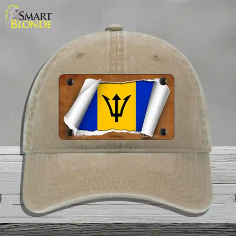 Barbados Flag Scroll Novelty License Plate Hat Unconstructed Cotton / Khaki