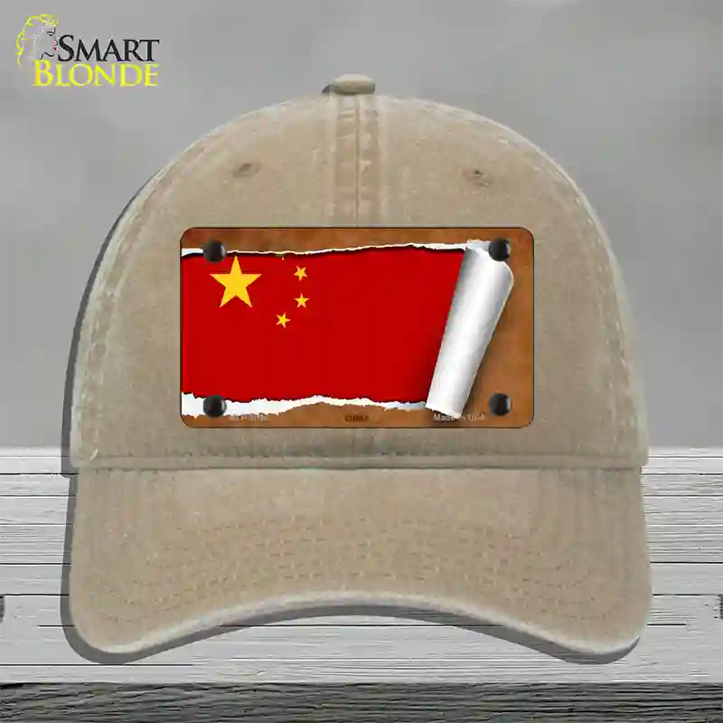 China Flag Scroll Novelty License Plate Hat Unconstructed Cotton / Khaki