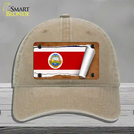 Costa Rica Flag Scroll Novelty License Plate Hat Unconstructed Cotton / Khaki