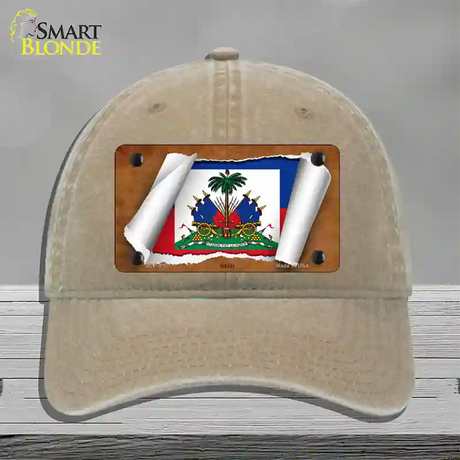 Haiti Flag Scroll Novelty License Plate Hat Unconstructed Cotton / Khaki