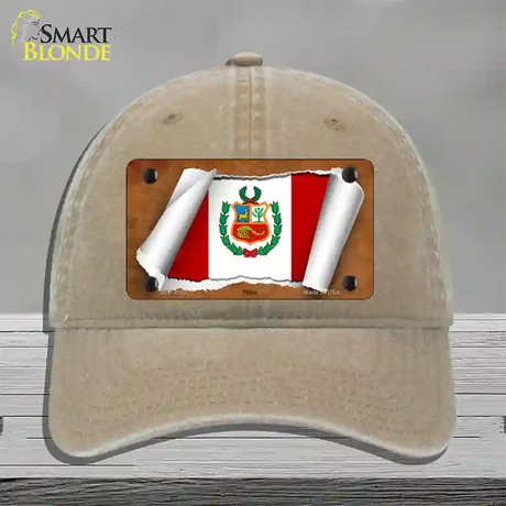 Peru Flag Scroll Novelty License Plate Hat Unconstructed Cotton / Khaki