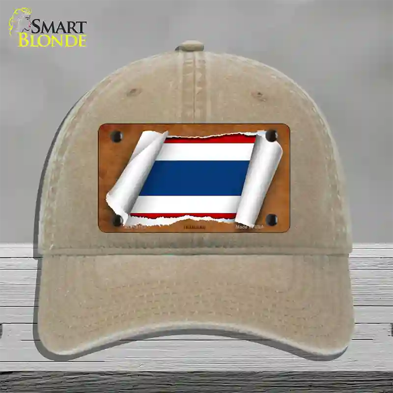 Thailand Flag Scroll Novelty License Plate Hat Unconstructed Cotton / Khaki