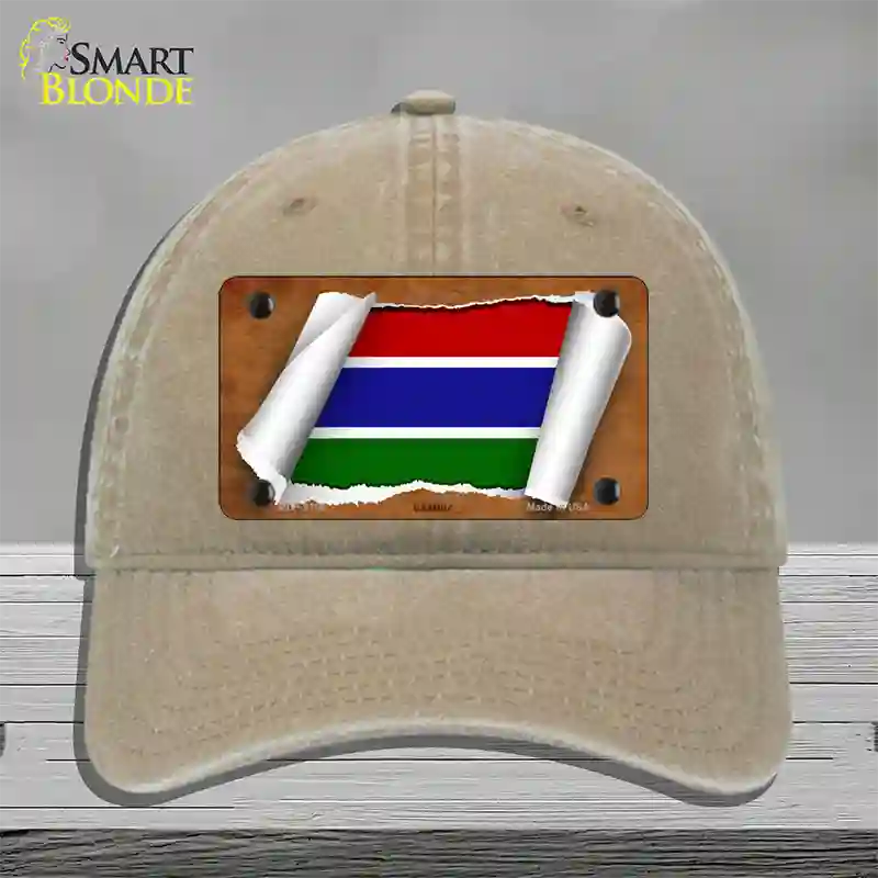 Gambia Flag Scroll Novelty License Plate Hat Unconstructed Cotton / Khaki