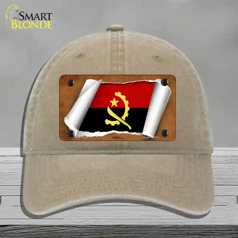 Angola Flag Scroll Novelty License Plate Hat Unconstructed Cotton / Khaki