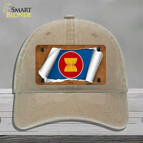 Asean Flag Scroll Novelty License Plate Hat Unconstructed Cotton / Khaki