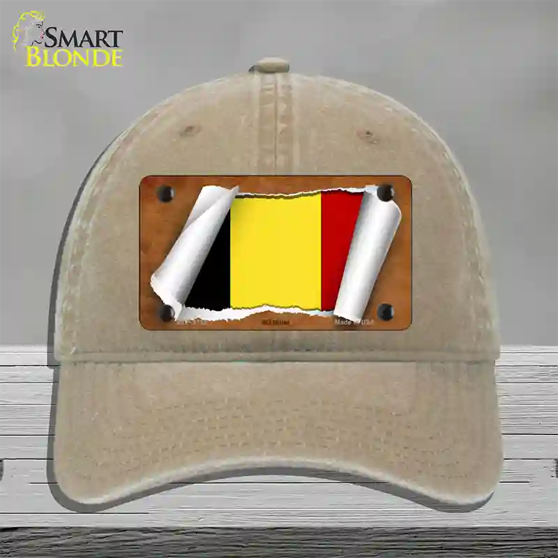 Belgium Flag Scroll Novelty License Plate Hat Unconstructed Cotton / Khaki