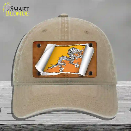 Bhutan Flag Scroll Novelty License Plate Hat Unconstructed Cotton / Khaki