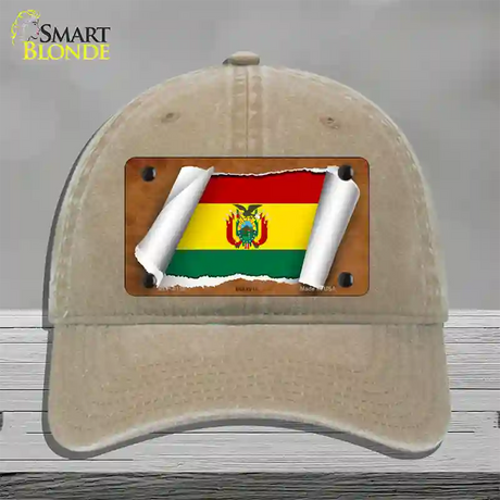 Bolivia Flag Scroll Novelty License Plate Hat Unconstructed Cotton / Khaki