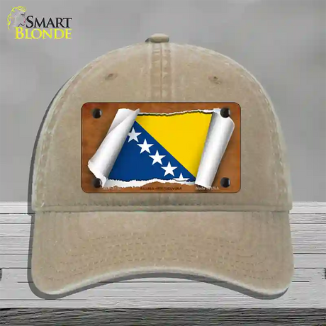 Bosnia-Herzegovina Flag Scroll Novelty License Plate Hat Unconstructed Cotton / Khaki