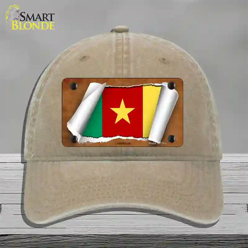 Cameroon Flag Scroll Novelty License Plate Hat Unconstructed Cotton / Khaki