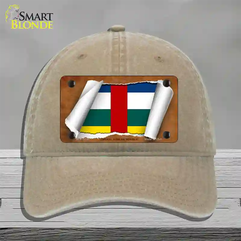 Central African Republic Flag Scroll Novelty License Plate Hat Unconstructed Cotton / Khaki