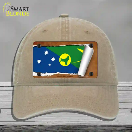 Christmas Islands Flag Scroll Novelty License Plate Hat Unconstructed Cotton / Khaki