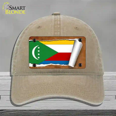 Comoros Flag Scroll Novelty License Plate Hat Unconstructed Cotton / Khaki