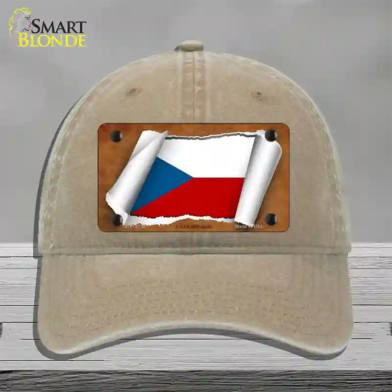 Czech Republic Flag Scroll Novelty License Plate Hat Unconstructed Cotton / Khaki