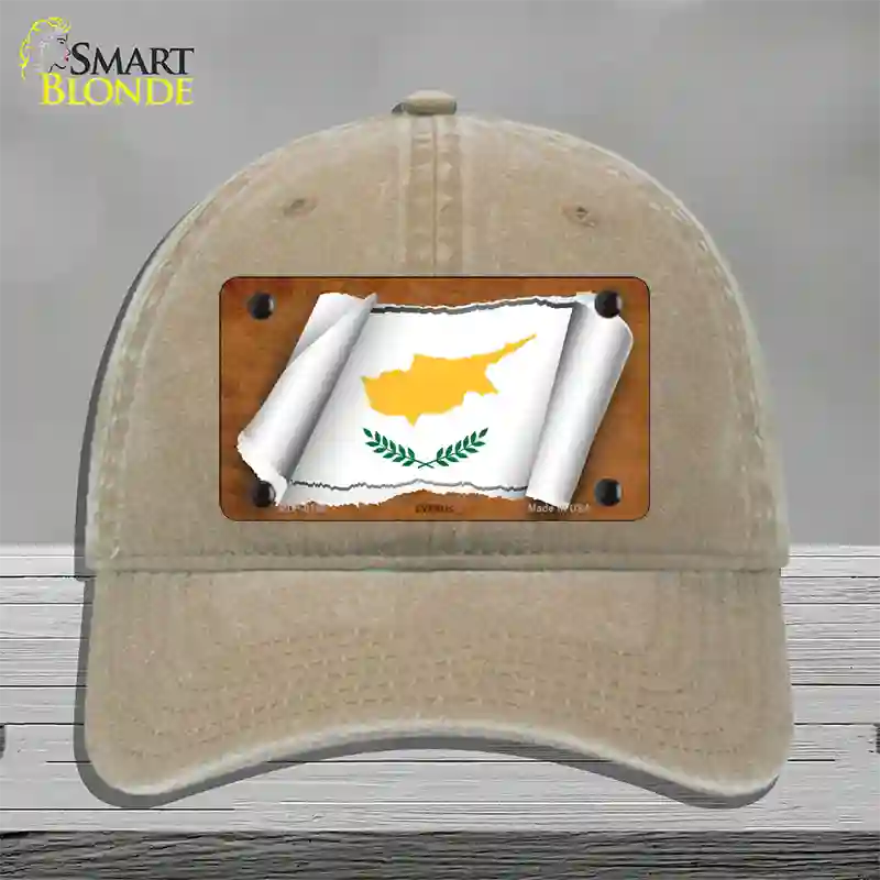 Cyprus Flag Scroll Novelty License Plate Hat Unconstructed Cotton / Khaki