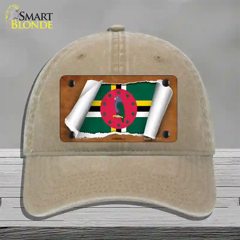 Dominica Flag Scroll Novelty License Plate Hat Unconstructed Cotton / Khaki