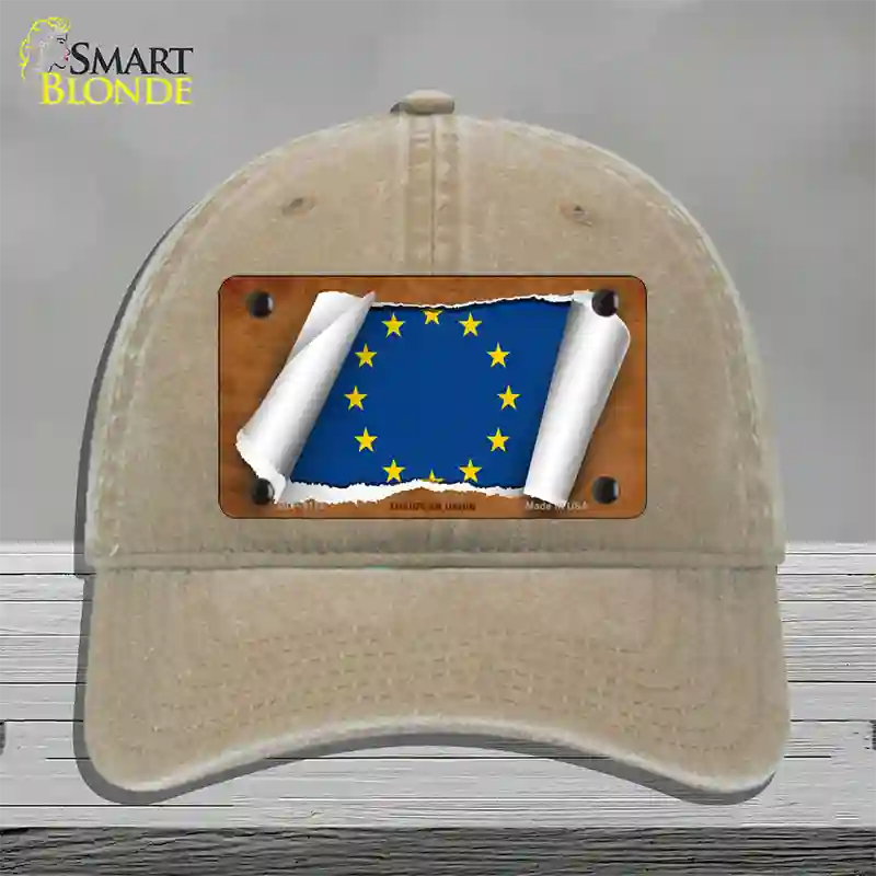 European Union Flag Scroll Novelty License Plate Hat Unconstructed Cotton / Khaki