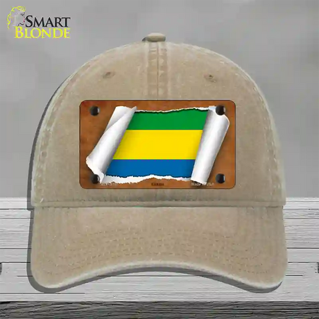 Gabon Flag Scroll Novelty License Plate Hat Unconstructed Cotton / Khaki