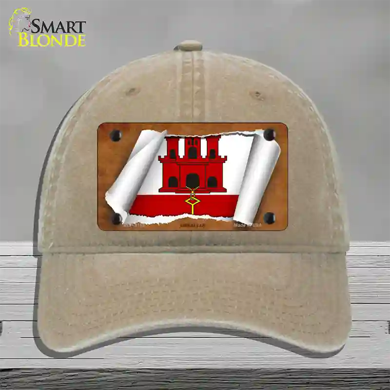 Gibraltar Flag Scroll Novelty License Plate Hat Unconstructed Cotton / Khaki