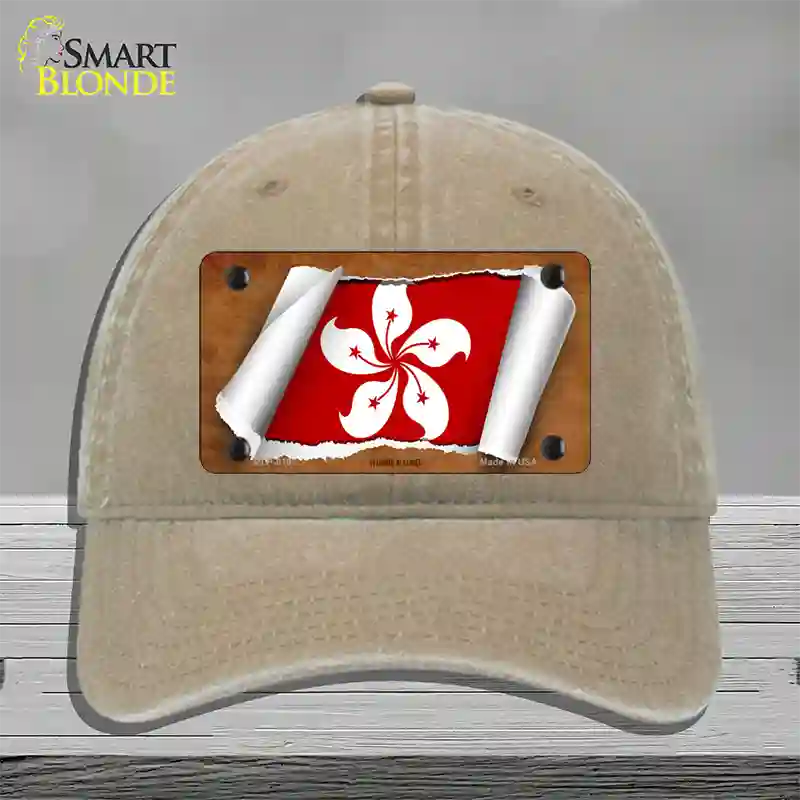 Hong Kong Flag Scroll Novelty License Plate Hat Unconstructed Cotton / Khaki