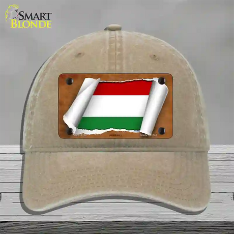 Hungary Flag Scroll Novelty License Plate Hat Unconstructed Cotton / Khaki